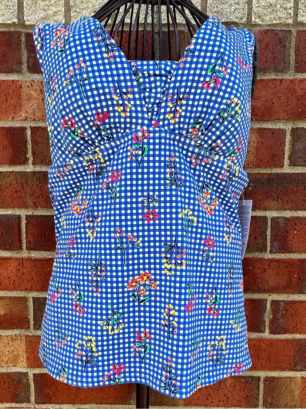 Lands' End Blue Gingham Floral Tankini Swimsuit Top Cottagecore Swimwear Lycra